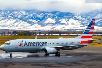 An American Airlines aircraft parked in front of very snowy mountains. The sky is cloudy, and, behind the airplane and in front of the mountains, the grass is a mixture of green and brown.