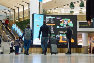 Image shows London Gatwick Airport with screens and passengers with baggage