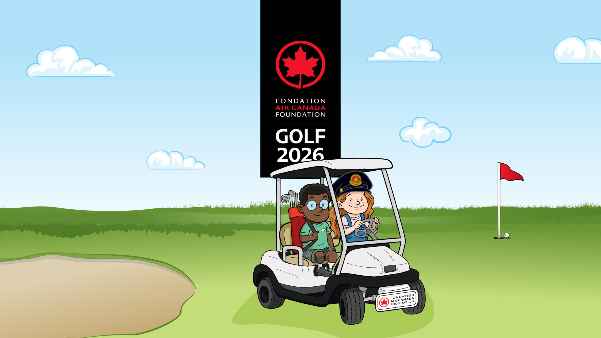 Animated graphic advertising the 2026 golf tournament with two children in a golf buggy on the green.