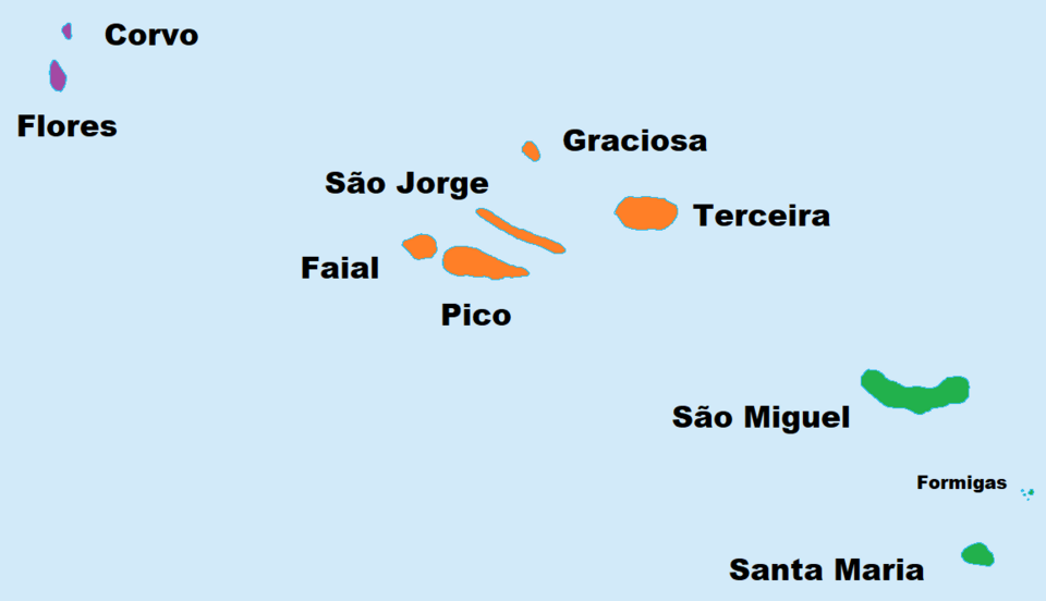 Image shows a drawn map of the nine Azores islands in the Atlantic Ocean labelled Santa Maria, Formigas, Sao Miguel, Terceira, Graciosa, Sao Jorge, Faial, Pico, Flores and Corvo.