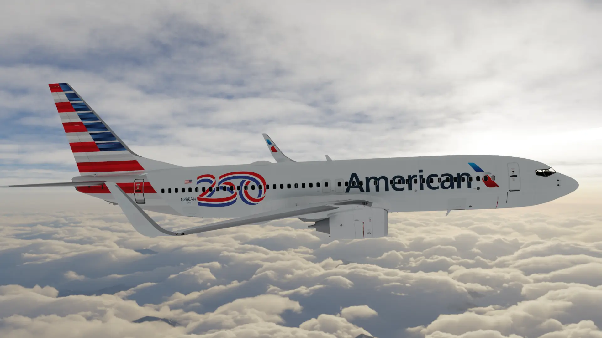 An American aircraft flying above the clouds, with the new livery. American flag design on the tail of the aircraft with "250" written on the side.