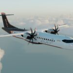 An ATR EVO turboprop aircraft in flight above clouds, showing its twin-engine design and livery.