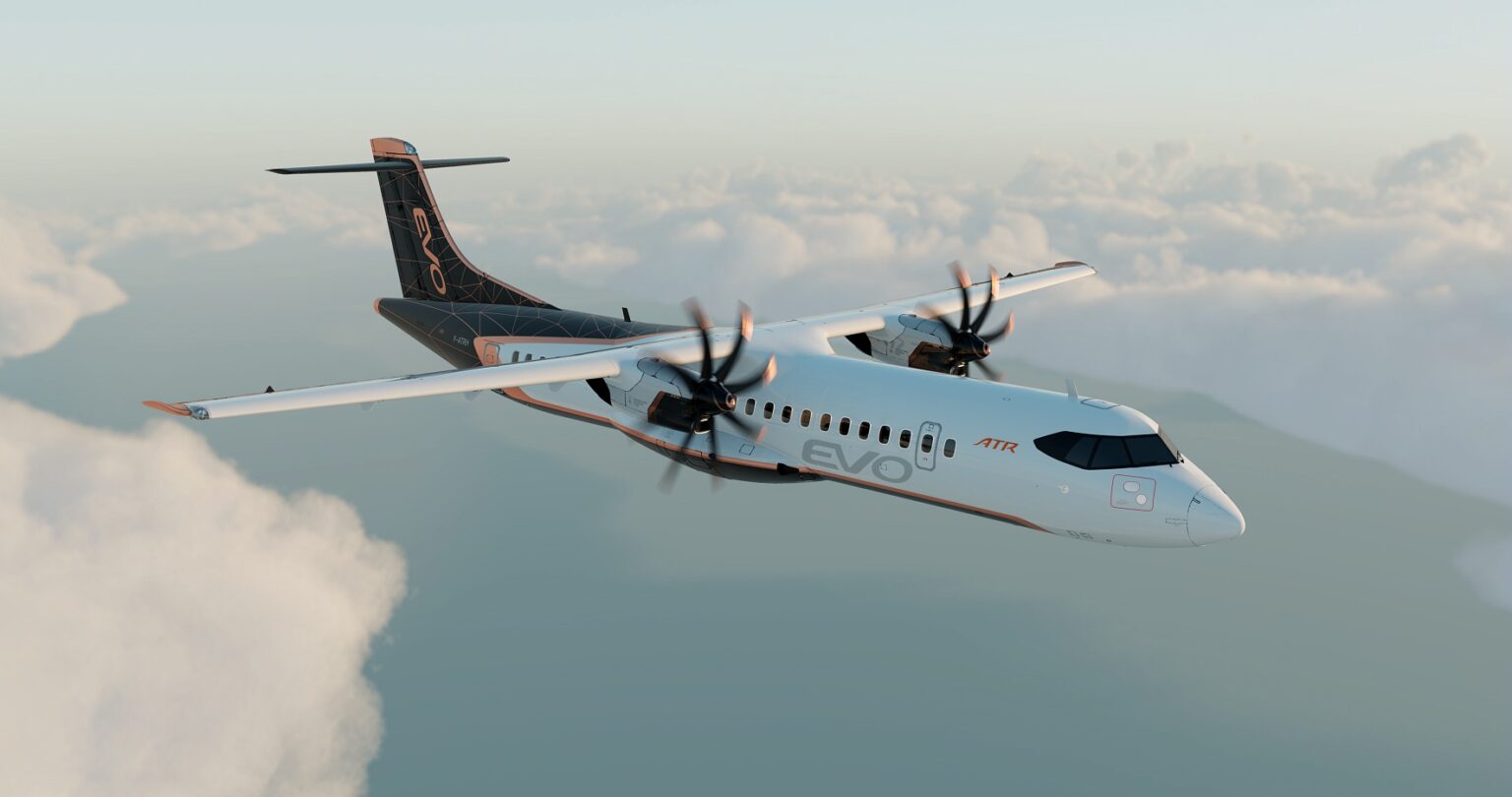 An ATR EVO turboprop aircraft in flight above clouds, showing its twin-engine design and livery.