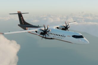 An ATR EVO turboprop aircraft in flight above clouds, showing its twin-engine design and livery.
