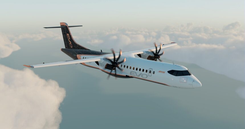 An ATR EVO turboprop aircraft in flight above clouds, showing its twin-engine design and livery.