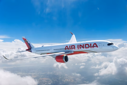 Depiction of Air India A350 aircraft cruising at altitude.