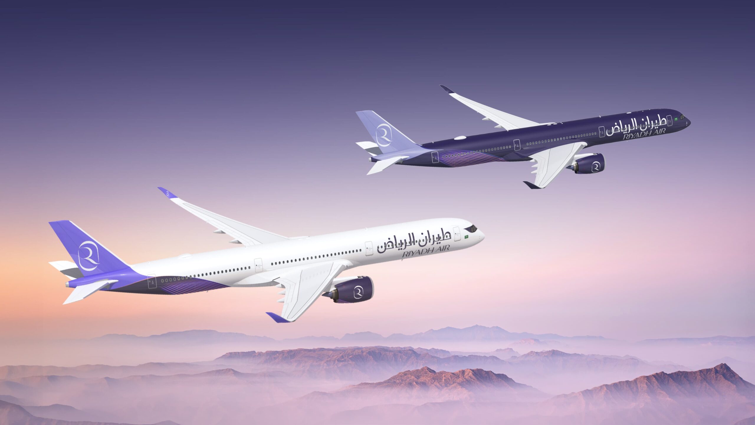 Two Riyadh Air Airbus A350-1000s flying side by side over some mountains