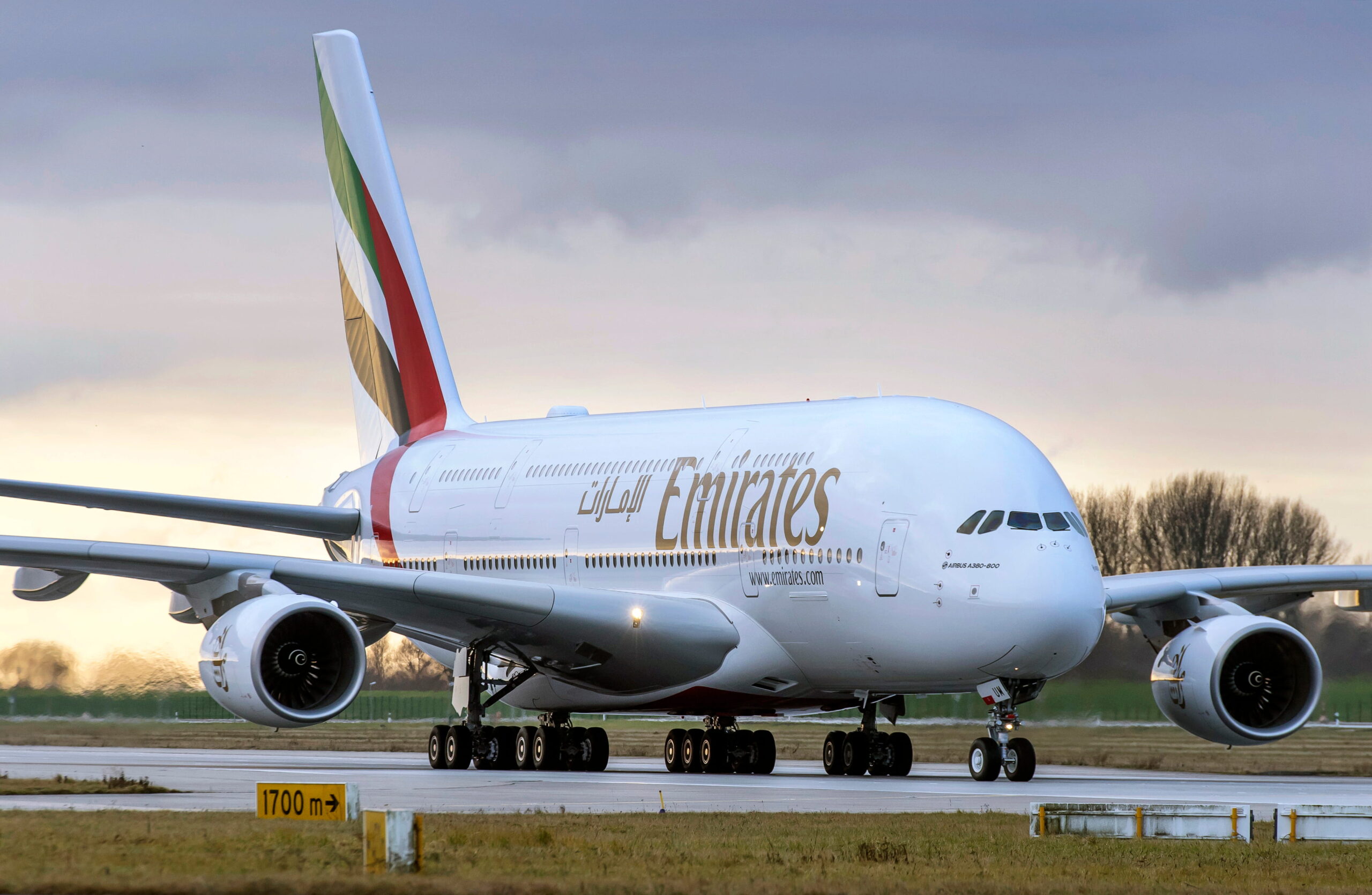 Overview of the exterior of the Emirates A380 aircraft.