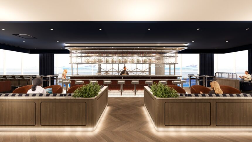 The British Airways' redesigned Newark lounge. A bar in the middle with booths on both sides.
