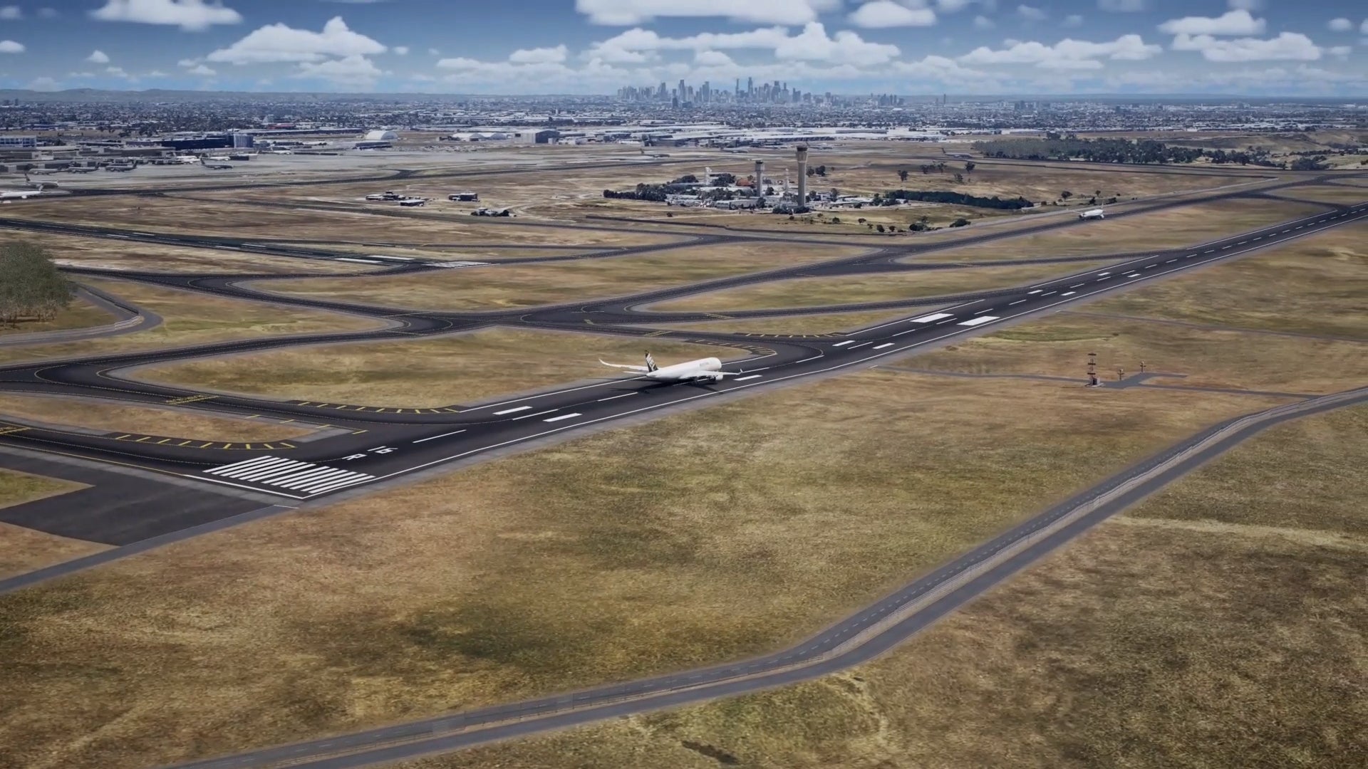 Mock up of a third runway at MEL with Melbourne skyline in the background and aircraft using the new runway.