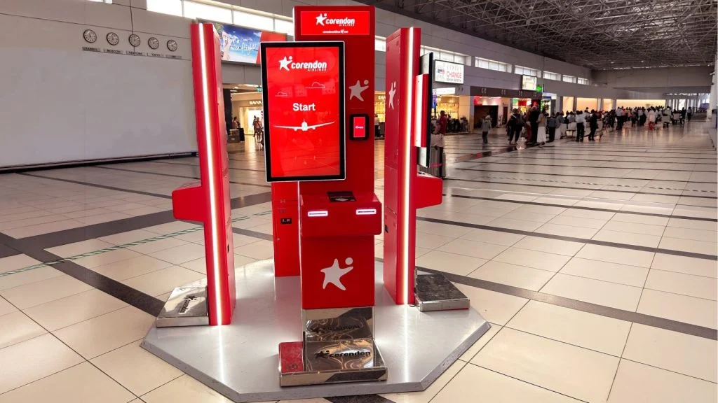 A picture of Corendon Airlines' new self-service kiosks in a airport