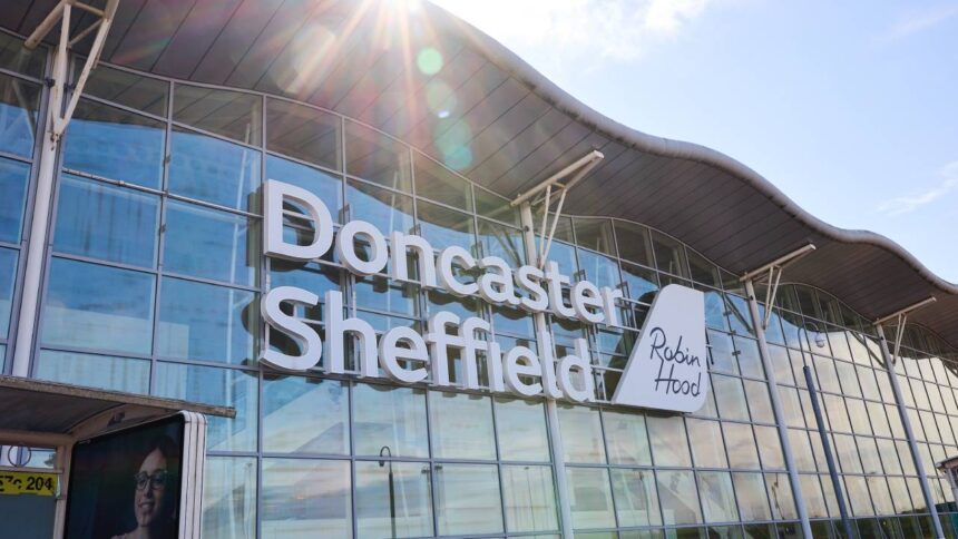 An image showing the entrance of Robin Hood / Doncaster Sheffield Airport (DSA) from the outside. The sun shines against the camera as the blue sky is reflected in the glass facade.