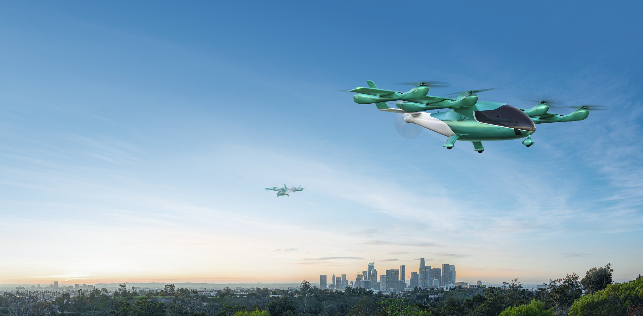 Eve Air Mobility mock image of propellor like green aircraft flying near a city. AI generated