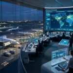 A futuristic aviation operations room with controllers monitoring global flights and advanced aircraft on an airfield at night.