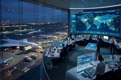 A futuristic aviation operations room with controllers monitoring global flights and advanced aircraft on an airfield at night.