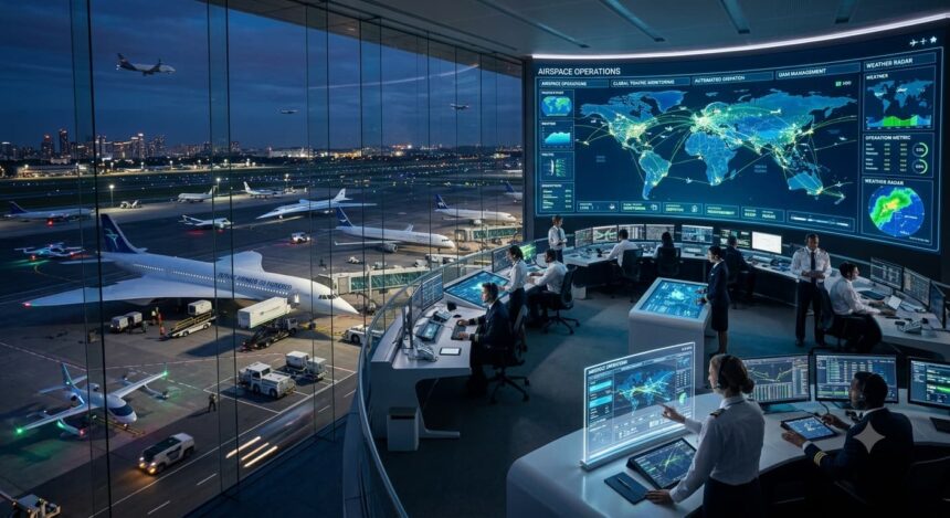 A futuristic aviation operations room with controllers monitoring global flights and advanced aircraft on an airfield at night.