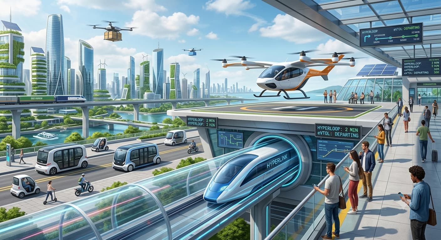 A bustling futuristic transport hub with various forms of transportation.