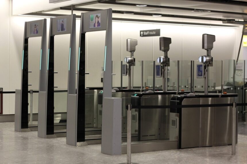 The eGates at Heathrow Airport. Three in a row with the facial recognition technology seen.