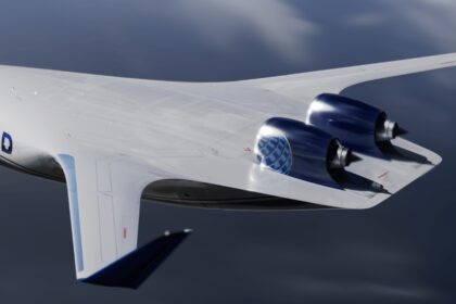 A blue and white Blended Wing Body Aircraft with United written in blue text on the side. The plane is flying through a cloudy sky over dark green ground.