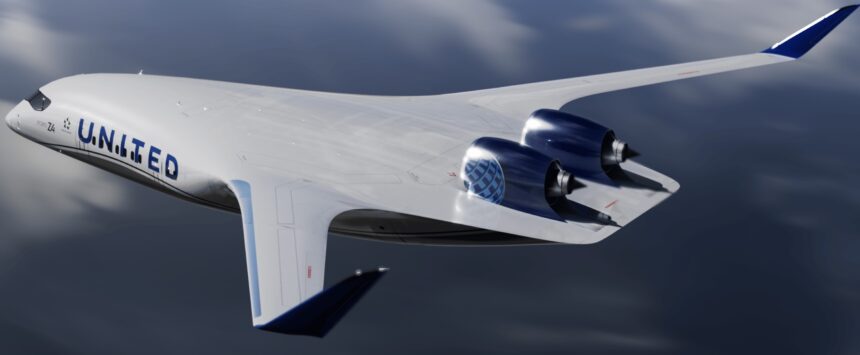 A blue and white Blended Wing Body Aircraft with United written in blue text on the side. The plane is flying through a cloudy sky over dark green ground.