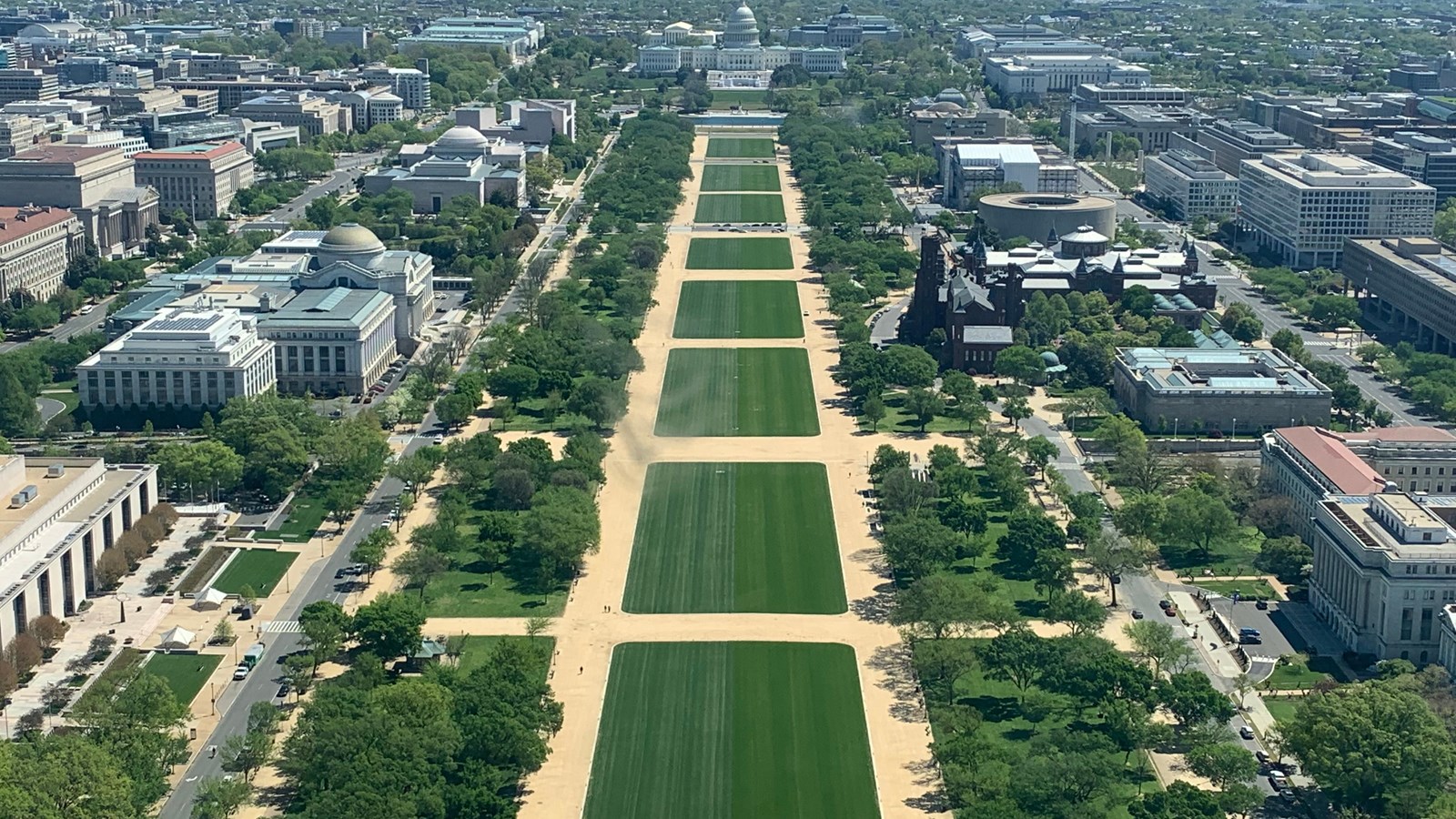 Washington National Mall on a sunny day, with the city visible in the background, and to either side.