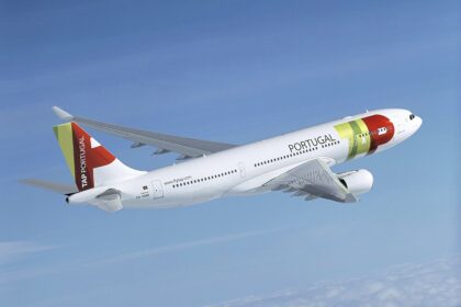 A TAP Air Portugal jet flying upwards in front of a cloudy sky.