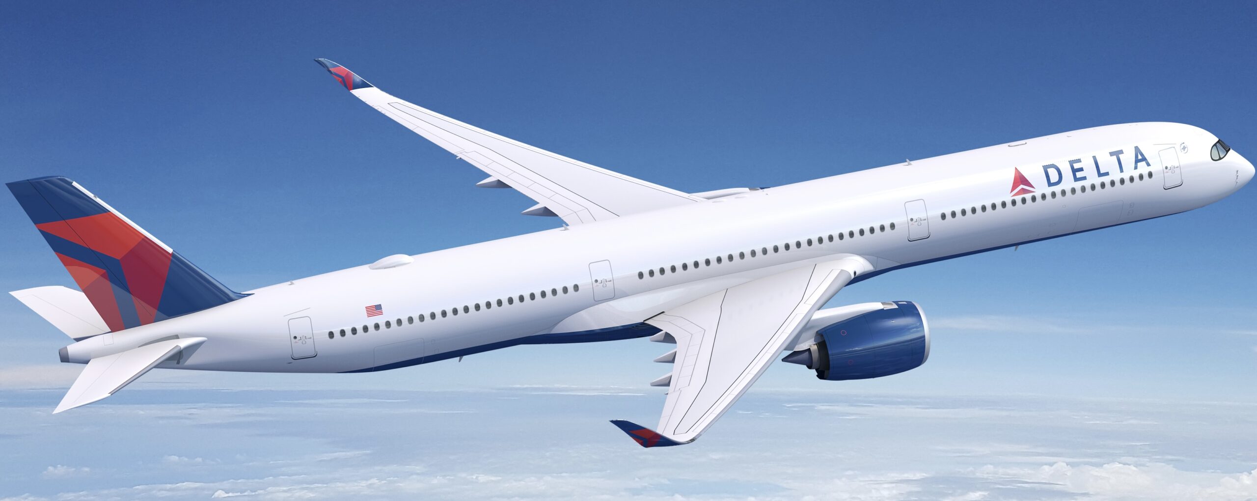 A Delta Air Lines jet flying upwards in front of a blue sky, above a layer of cloud.