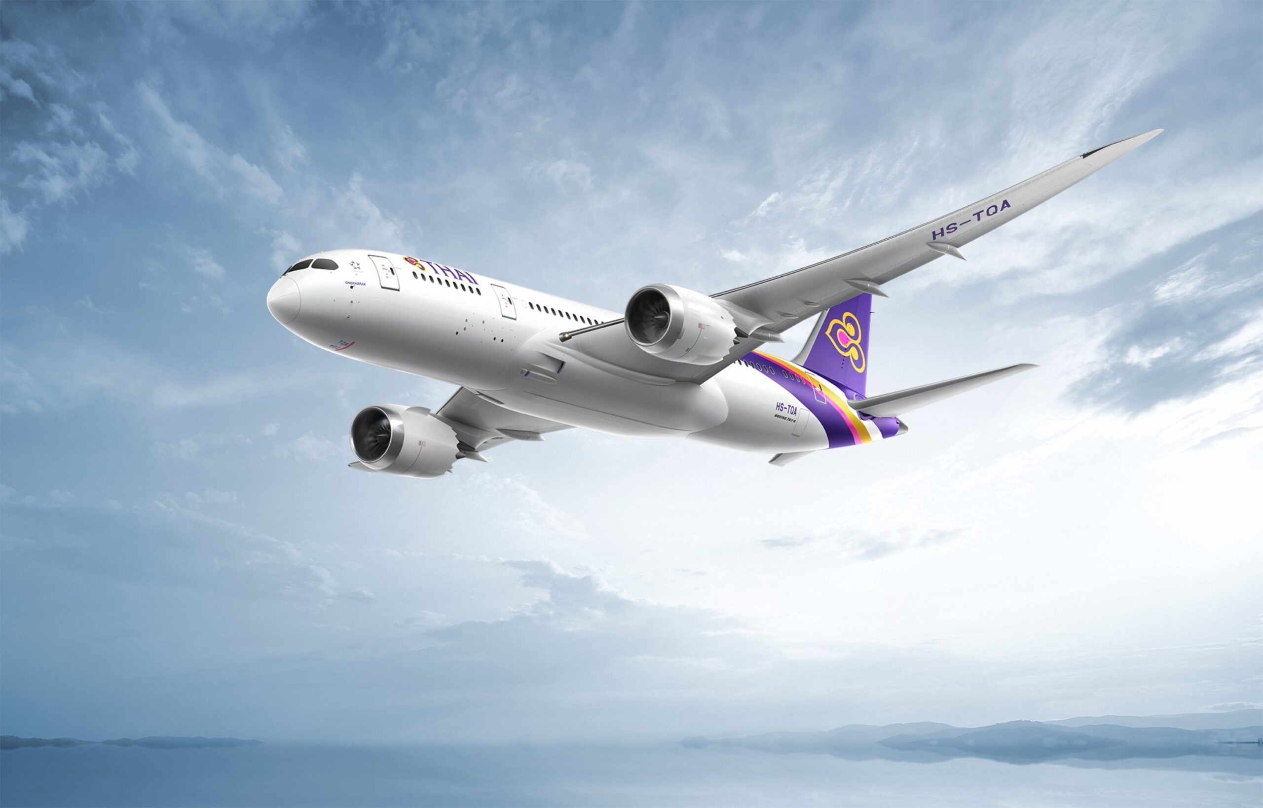 A white and purple Thai Airways International jet turning in front of a cloudy sky.