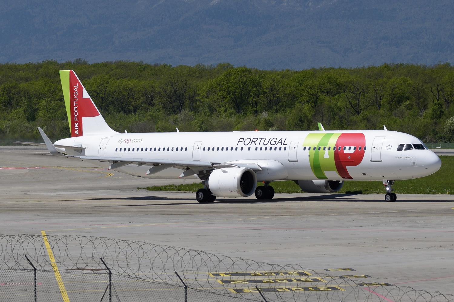 A red, white and green TAP Air Portugal jet sat on a runway in front of a dark green forest.