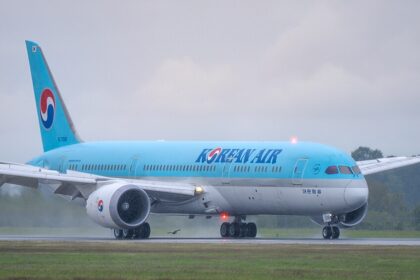 An image of an Korean Air aircraft touching down in Vancouver Canada