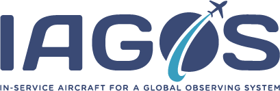 Image show IAGOS blue logo with an aircraft flying through the 'O' and text underneath (In-service aircraft for a global observing system)