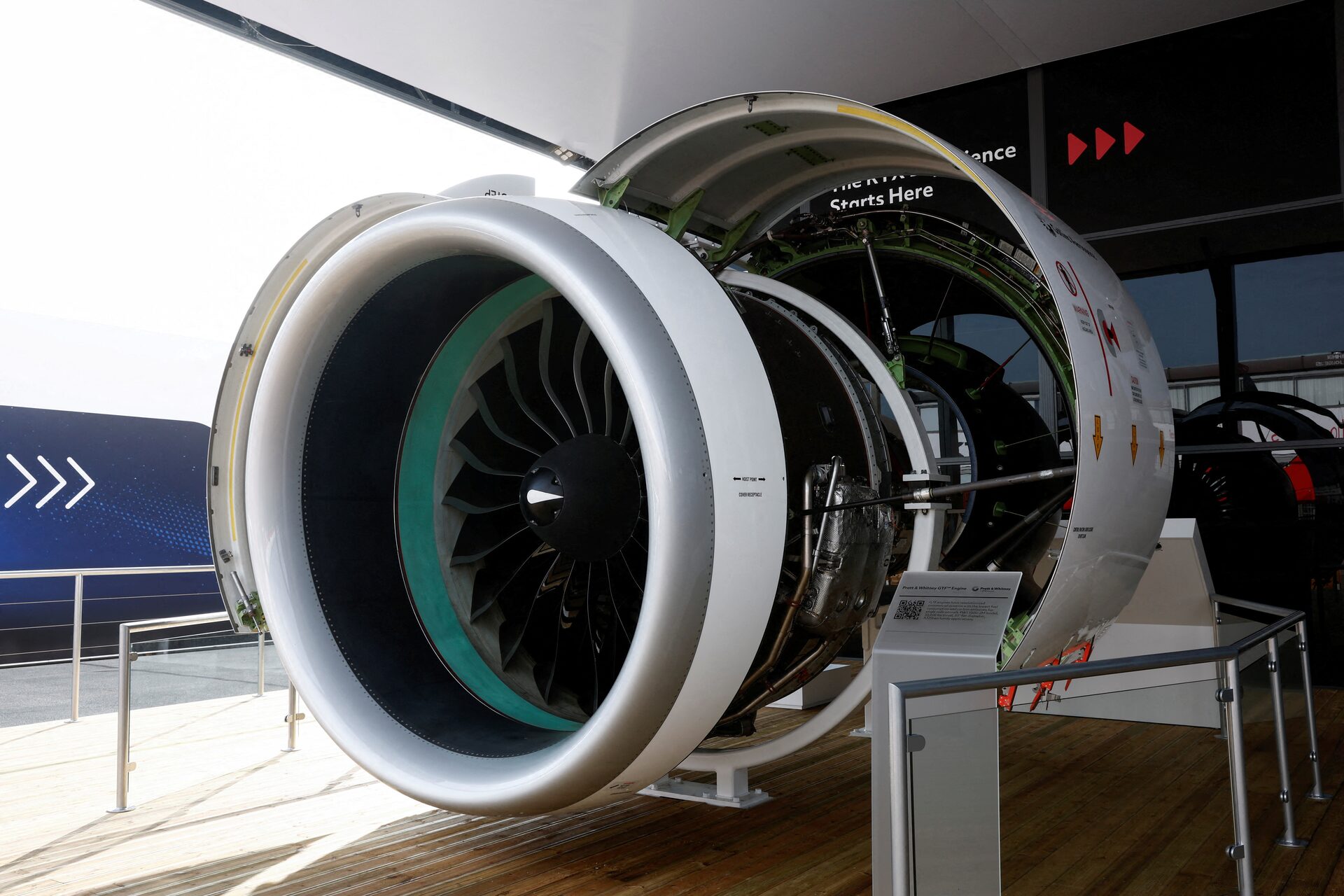 Model of a Pratt & Whitney GTF engine displayed at the 54th International Paris Air Show at Le Bourget Airport near Paris, France