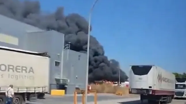 Smoke is seen billowing across Mallorca airport behind a building. Lorries pass on the road in front.