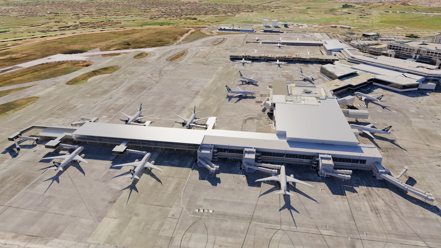 Mock up drawing of new aircraft stands on the forecourt with aircraft parked outside