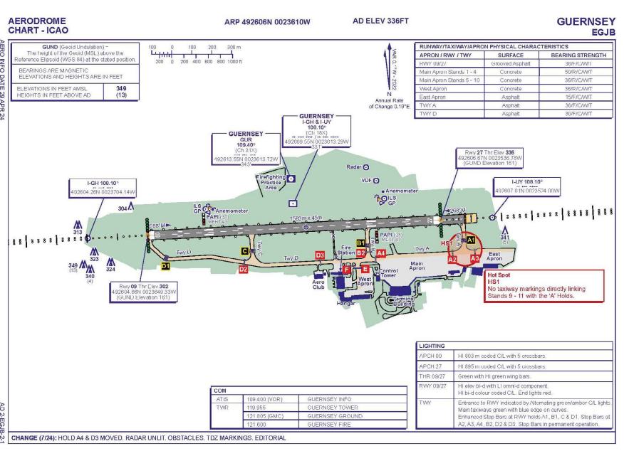 An Aerodrome Chart from the AAIB showing a map of Guernsey Airport.