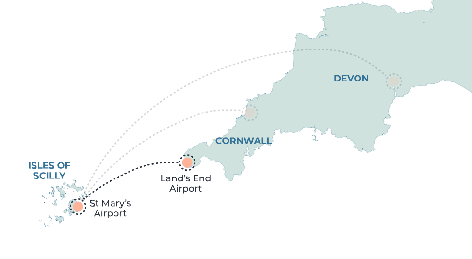 A map of the routes between the Isles of Scilly, Devon and Cornwall.
