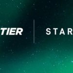 A green background with "Frontier" written in white on the left, and "Starlink" in white on the right.