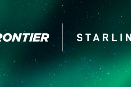 A green background with "Frontier" written in white on the left, and "Starlink" in white on the right.
