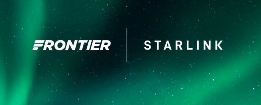 A green background with "Frontier" written in white on the left, and "Starlink" in white on the right.