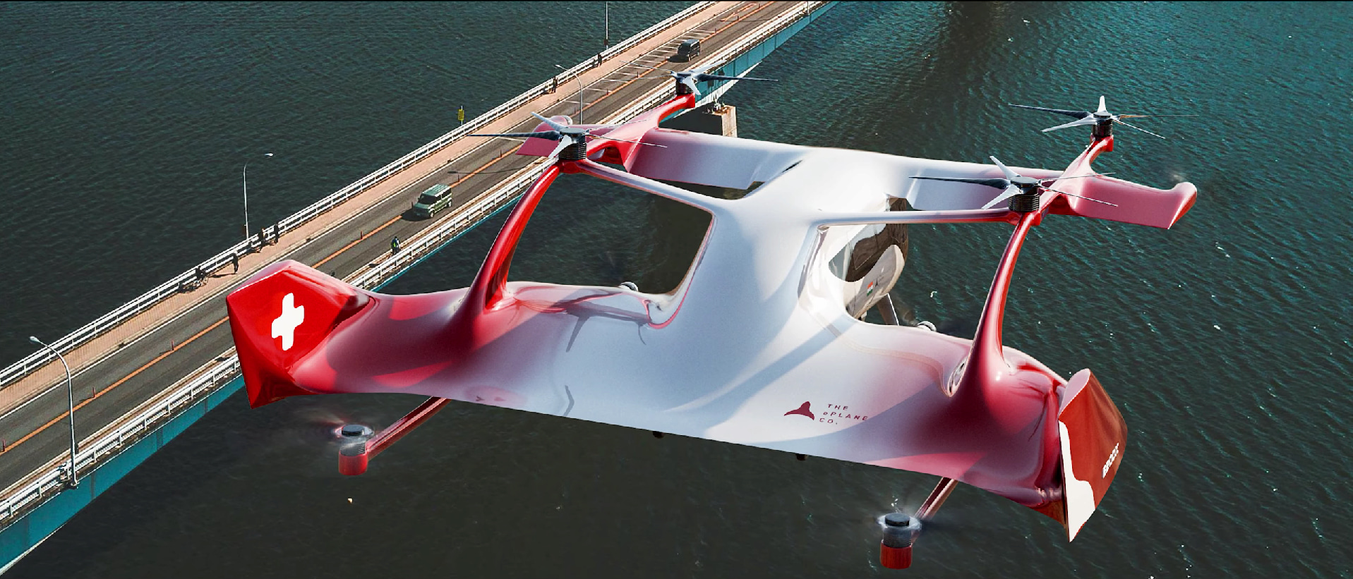 Computer render of the ePlane e200X eVTOL aircraft in air ambulance livery