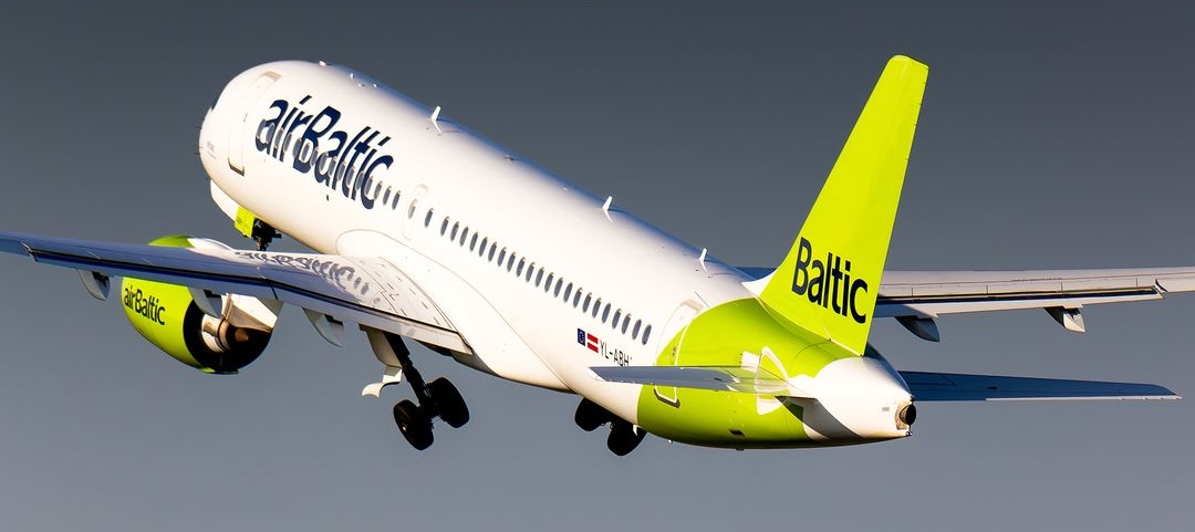 An airBaltic Airbus A220 aircraft, viewed from the rear-left side, with a white fuselage and lime-green tail takes off.