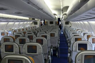 Interior of a Lufthansa Airbus A340-600 passenger cabin