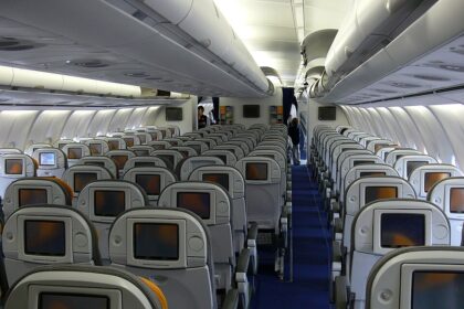 Interior of a Lufthansa Airbus A340-600 passenger cabin