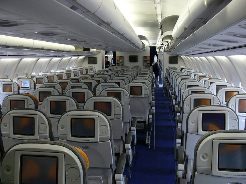 Interior of a Lufthansa Airbus A340-600 passenger cabin