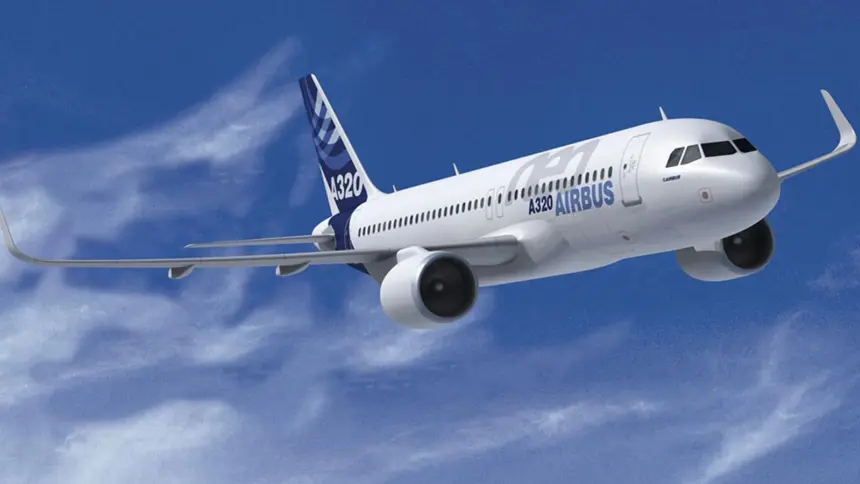 Airbus A320-neo flying through the clouds front side view. Branded with Airbus logos and colourways with a blue sky and clouds background.