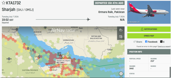 Image shows map and flight path of K2 KTA132 on July 7, 2026