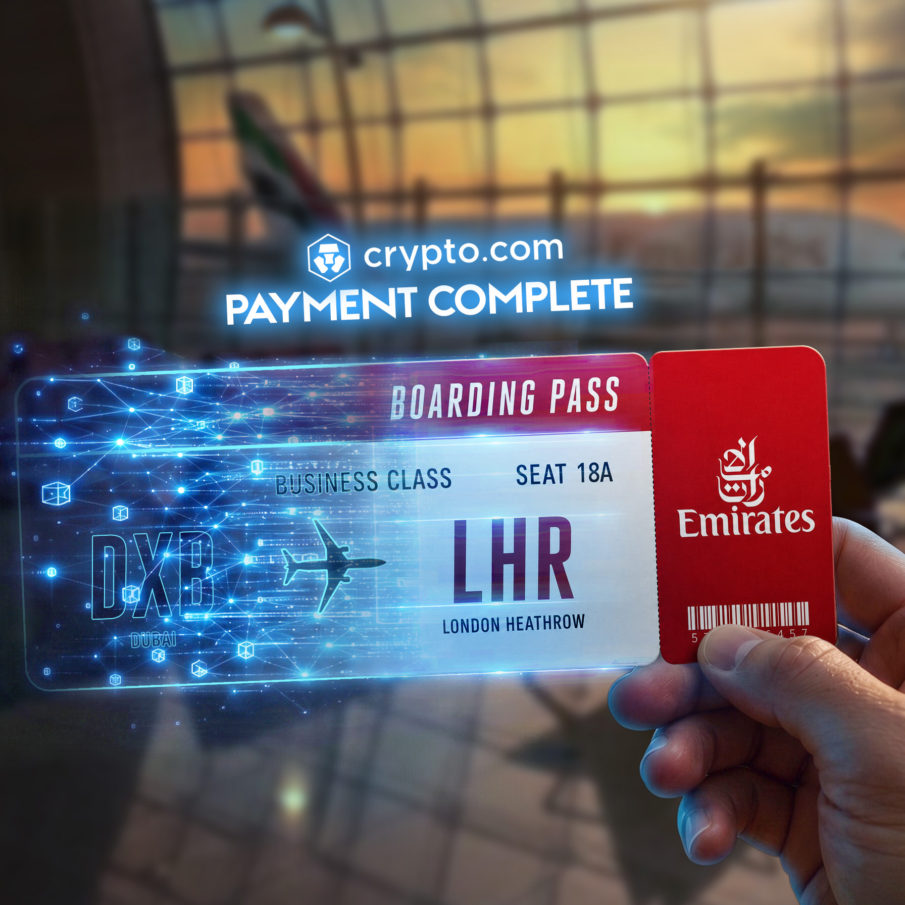 Boarding card depicting a fading visual representing payment through Crypto.