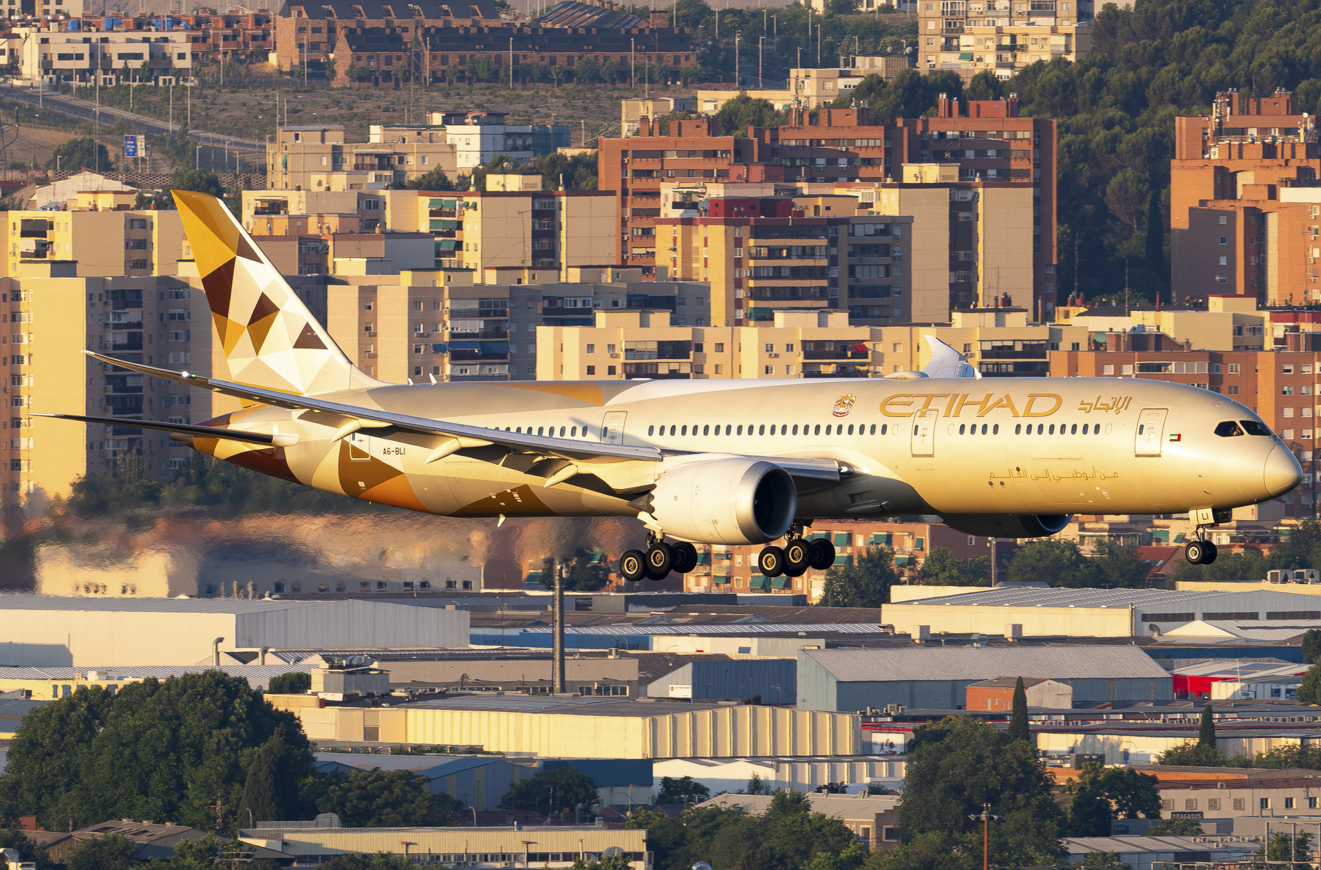 An Etihad B787 in the air, mid-flight. In the background numerous buildings can be seen with trees just behind them.