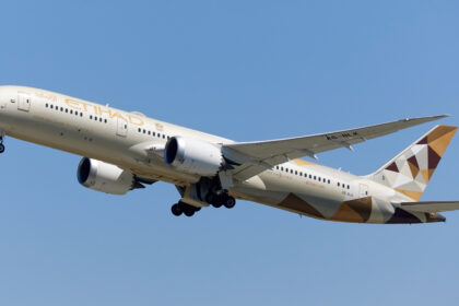 An Etihad Airways B787 mid-flight with a blue sky in the background.