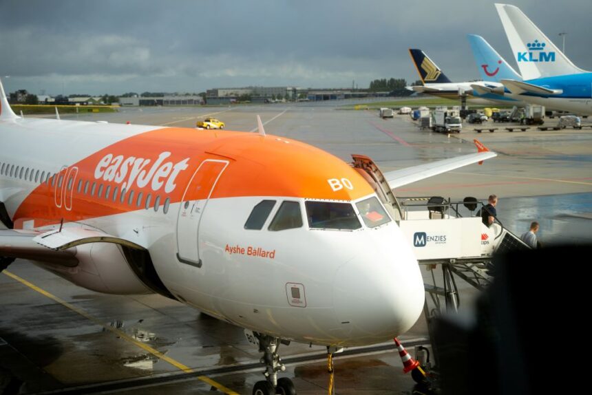 A front view of an easyJet aircraft waiting on tarmac with another airplane in the background.